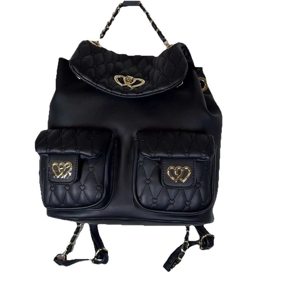 Betsey Johnson Black Heart Quilted Backpack Gold Hardware and Chain Straps